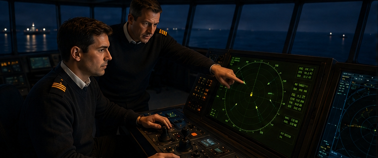 Instructeur formant un stagiaire devant une console de simulateur radar