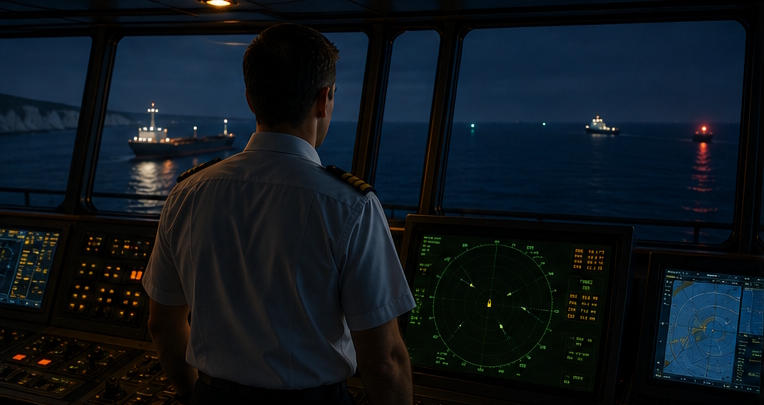 Officier de quart de nuit à la passerelle, écran radar ARPA allumé, navires au loin
