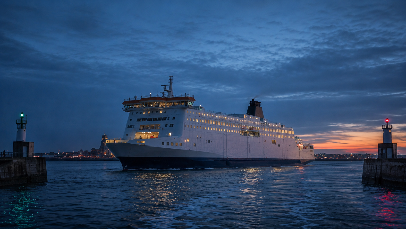 Ferry entrant de nuit entre les jetées d'un port, feux de navigation allumés, ciel crépusculaire