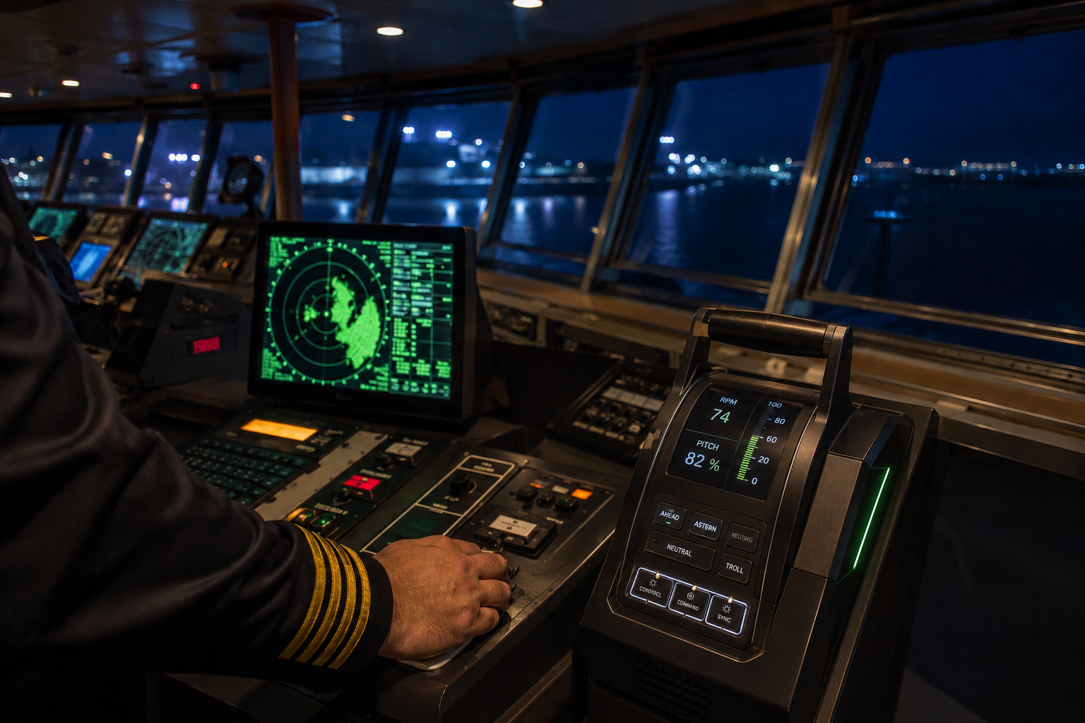 Main d'officier sur la commande machine, écran radar ARPA allumé en arrière-plan, passerelle de nuit
